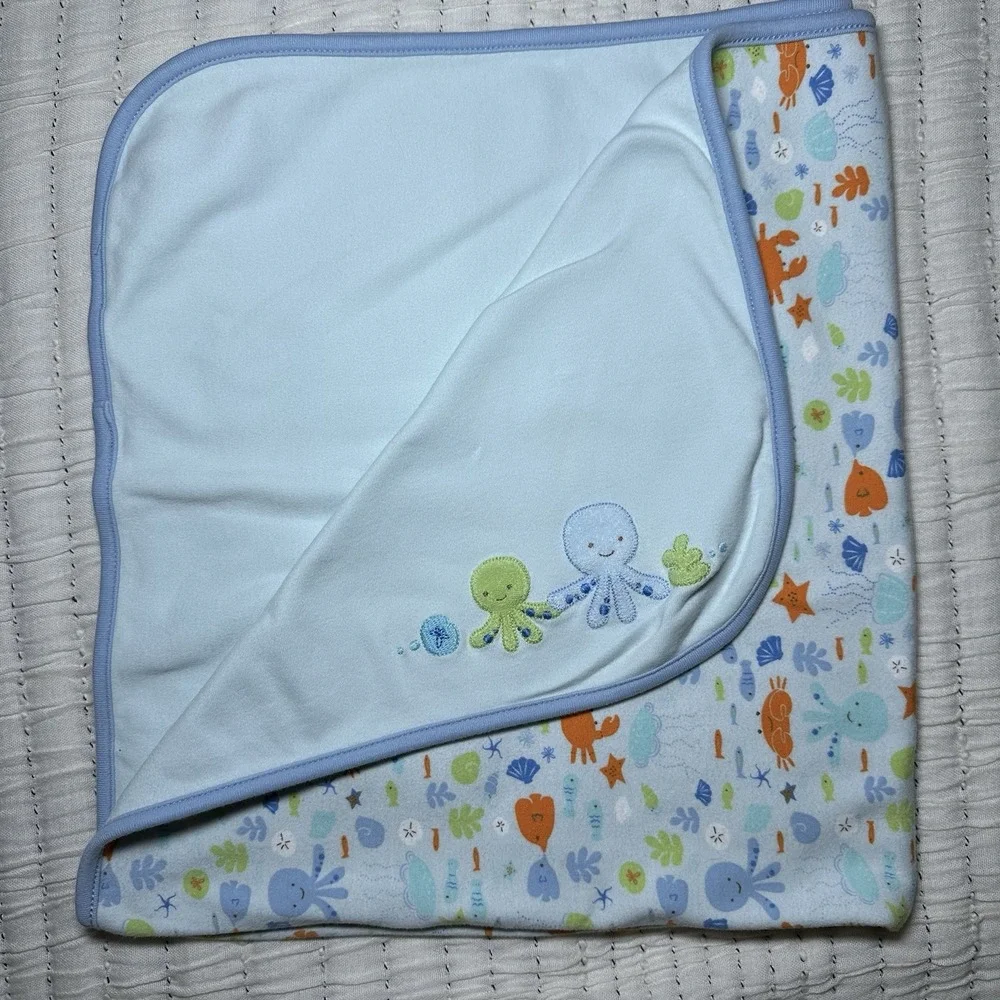 Gymboree Under The Sea Blue Octopus Fish Ocean Reversible Blanket 2006 Vintage